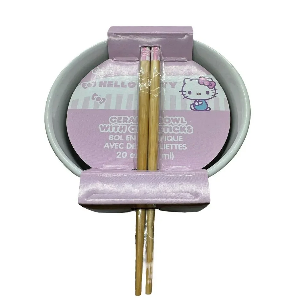 Hello Kitty Ceramic Ramen Noodle Bowl With Chopsticks Sanrio NEW Pink